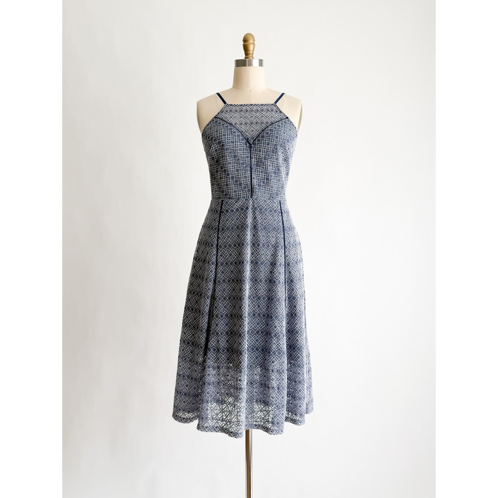 Rachel Rachel Roy Lace Midi Dress Halter Fit and Flare 8 Navy‎ Blue Geometric